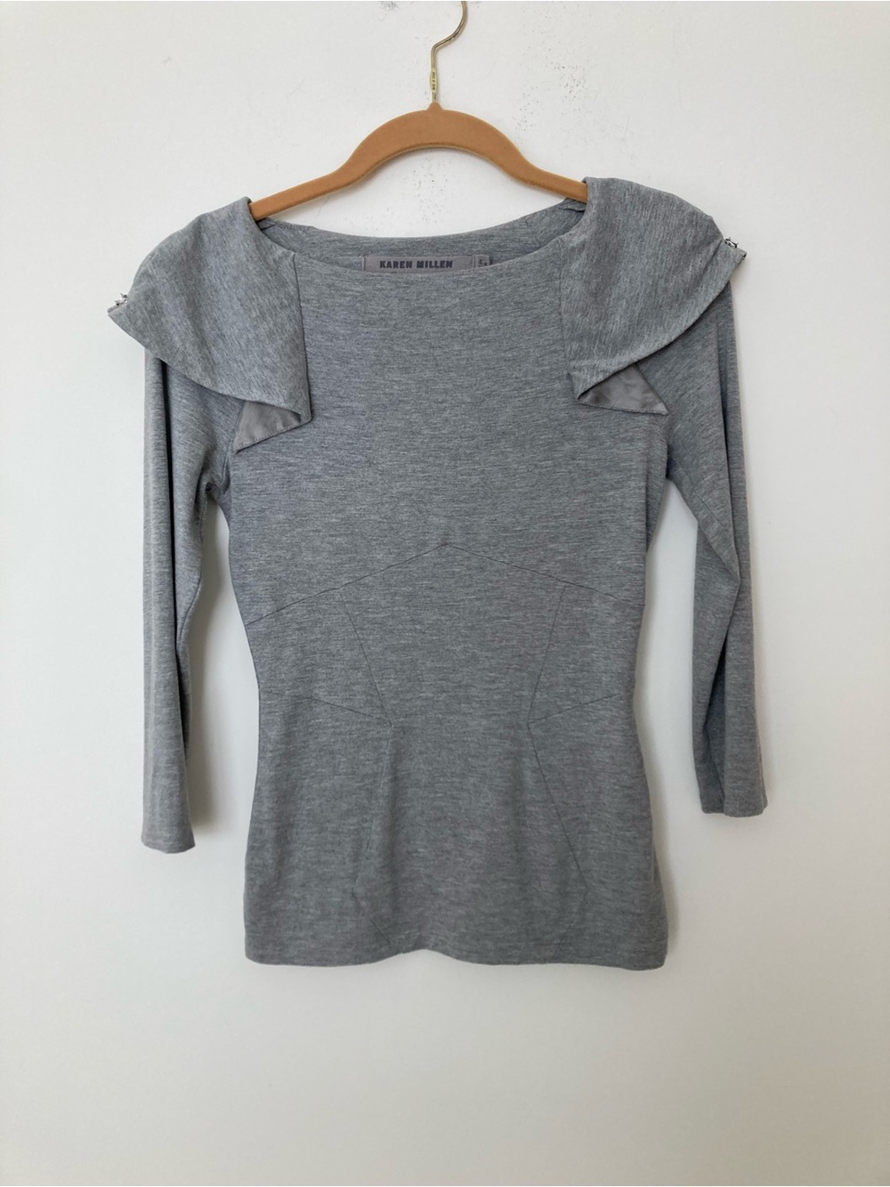 Karen Millen Grey Ruffle-Shoulder Long Sleeve Top